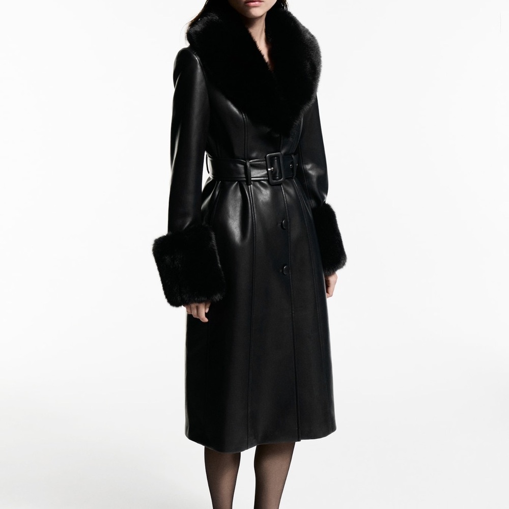 MANGO FAUX-LEATHER COAT WITH FUR-EFFECT TRIM